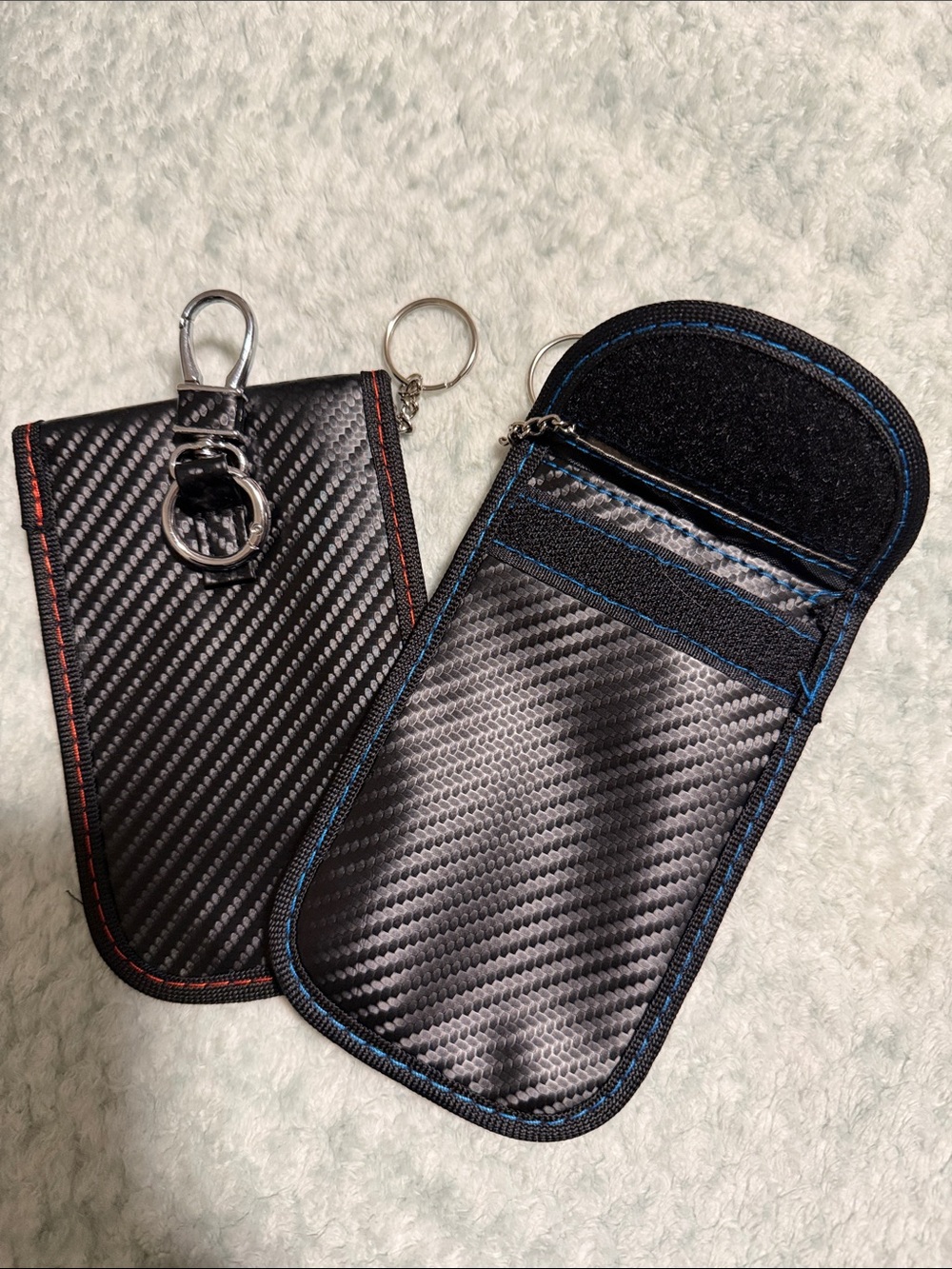 Universal Black Carbon Fiber Phone Pouch with Blue Trim - Keyring Case